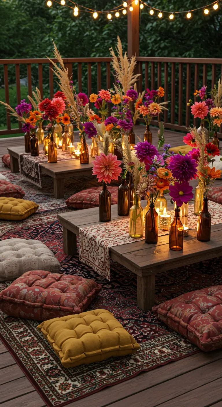 Ambiente bohemio al aire libre con cojines y botellas de vidrio ámbar con flores de colores.