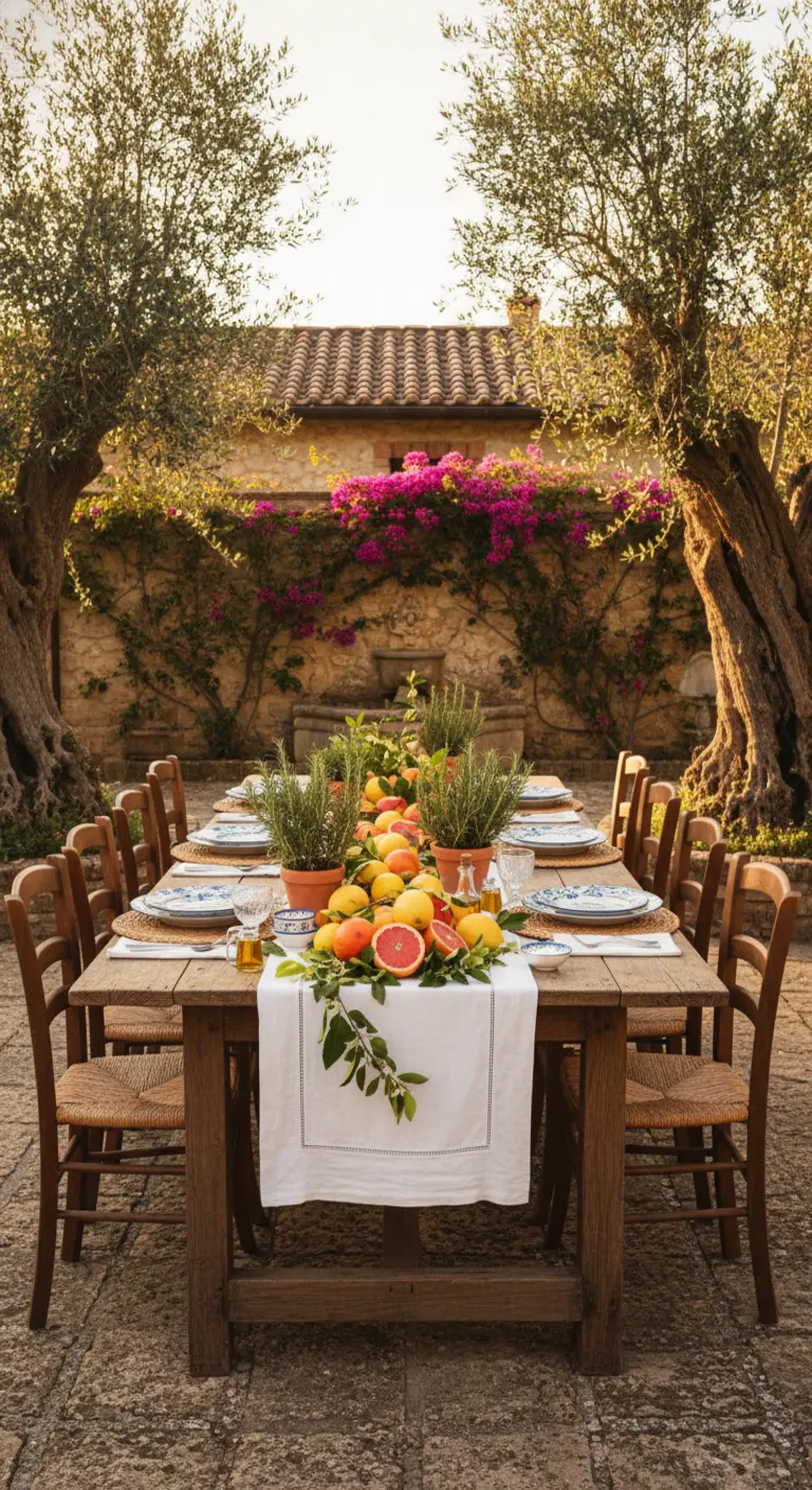 Mesa rústica de madera con un camino de cítricos y romero en un patio de estilo toscano.