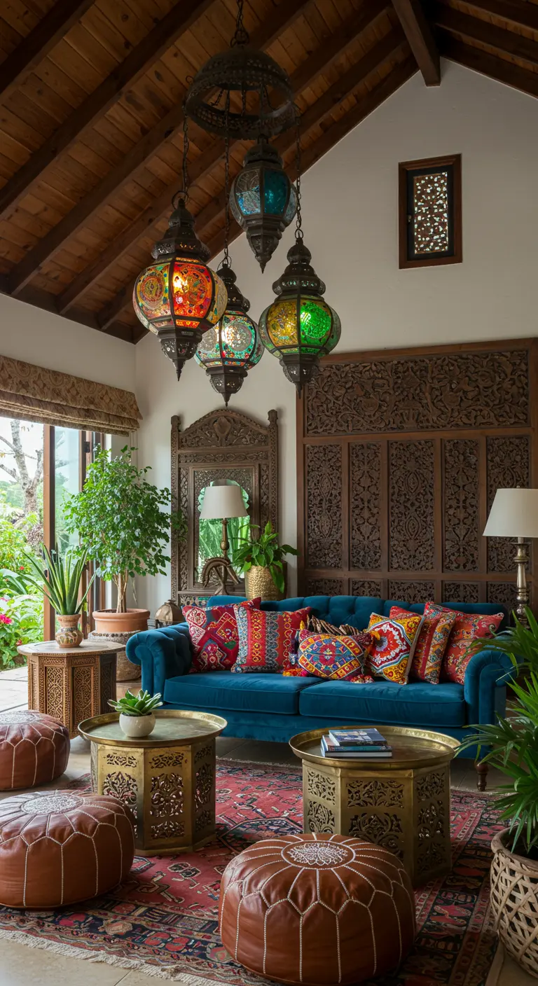 Sala de estar ecléctica con un grupo de faroles marroquíes de colores colgando sobre un sofá azul