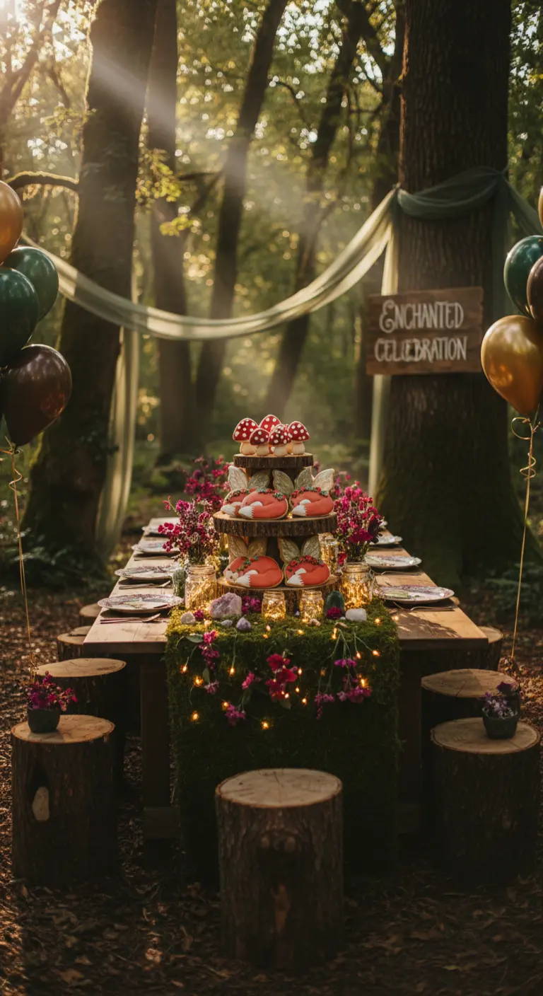 Mesa de cumpleaños en un bosque con galletas de zorro y setas en un soporte escalonado.