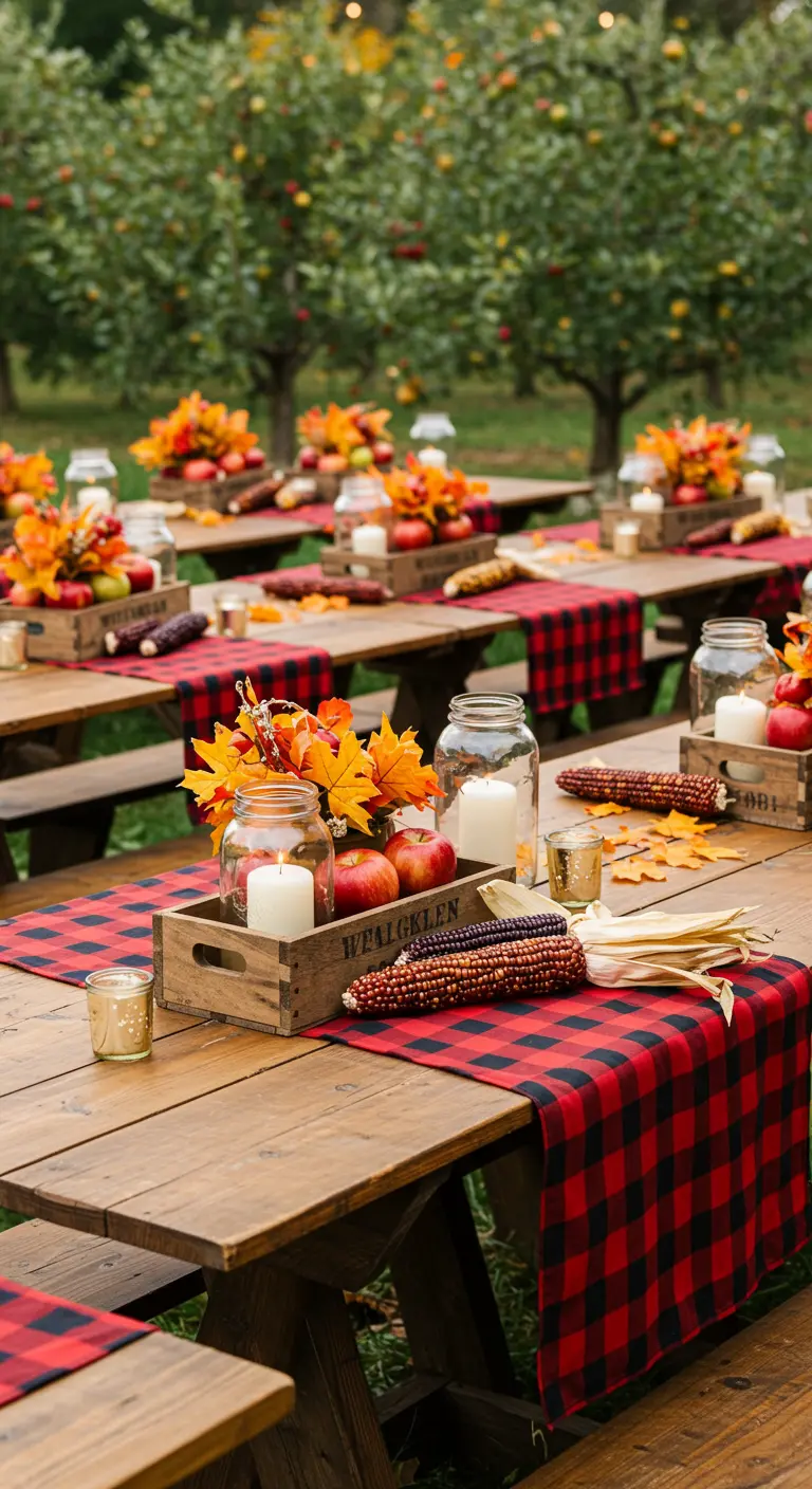 Mesas de picnic en un huerto con manteles de cuadros y centros con manzanas.