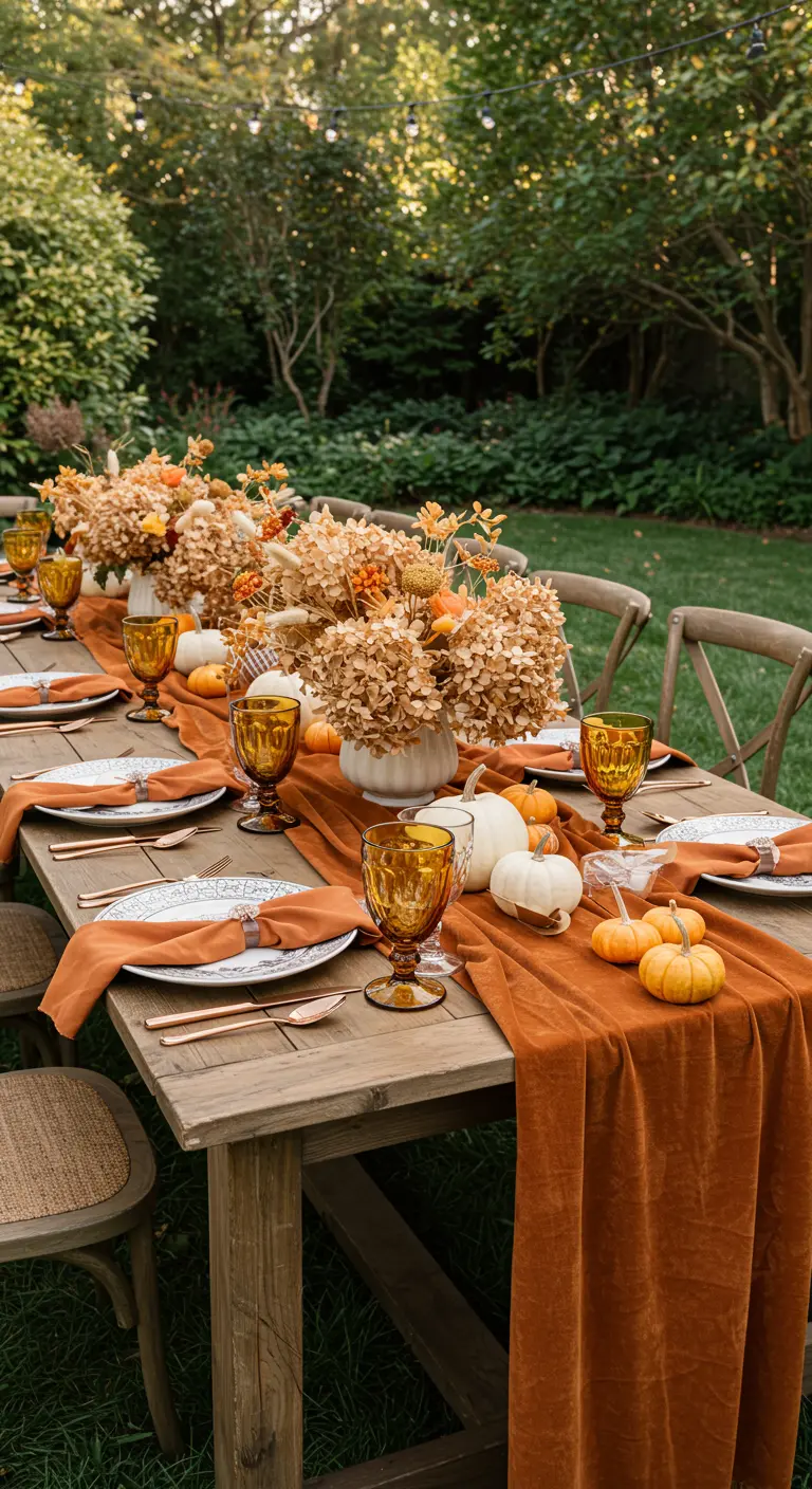 Mesa de comedor de madera decorada para el otoño con un camino de mesa naranja y calabazas.