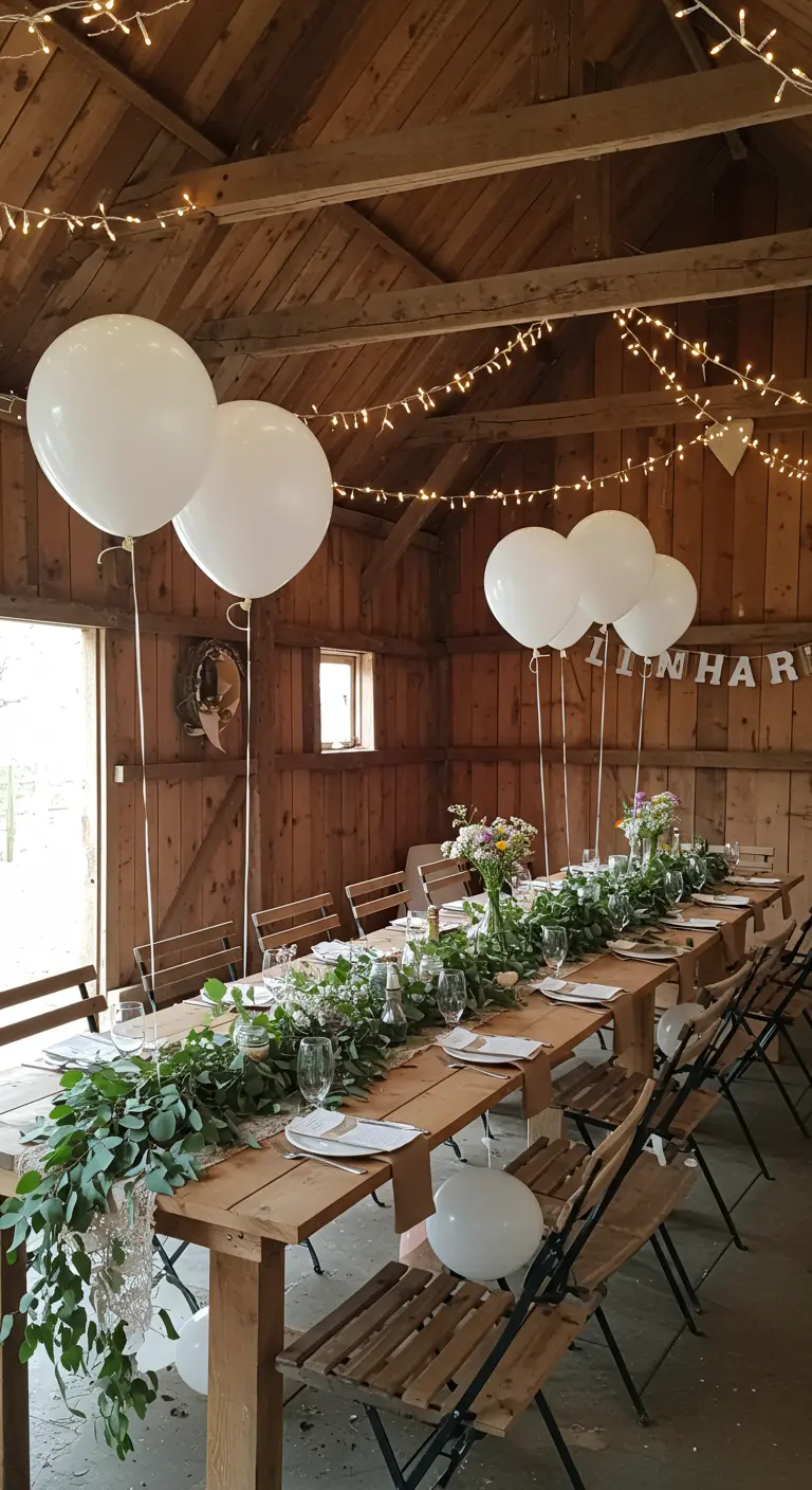 Mesa de madera rústica con guirnalda de eucalipto y globos blancos flotantes.