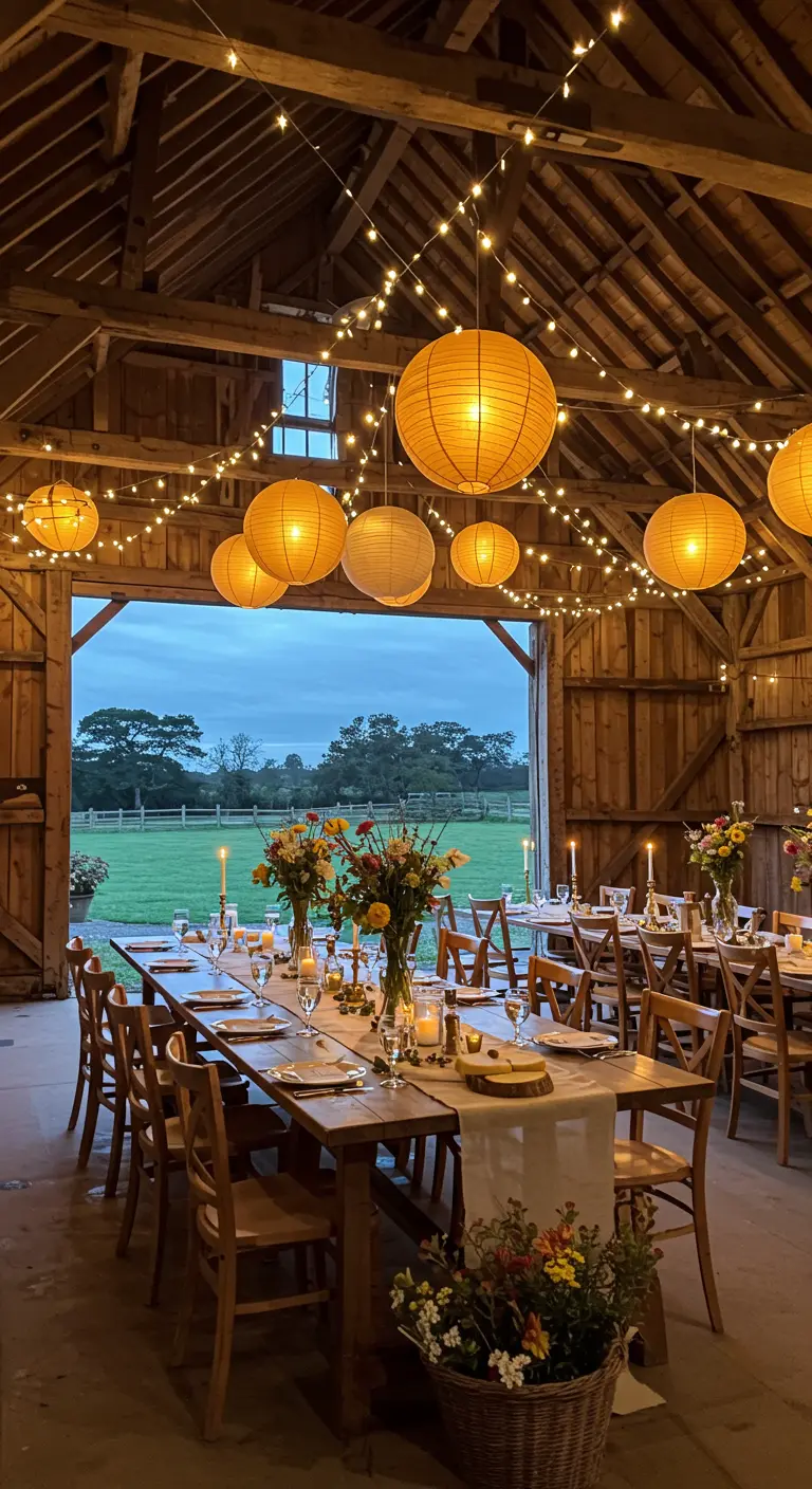 Comedor en un granero con farolillos de papel ámbar y guirnaldas de luces.