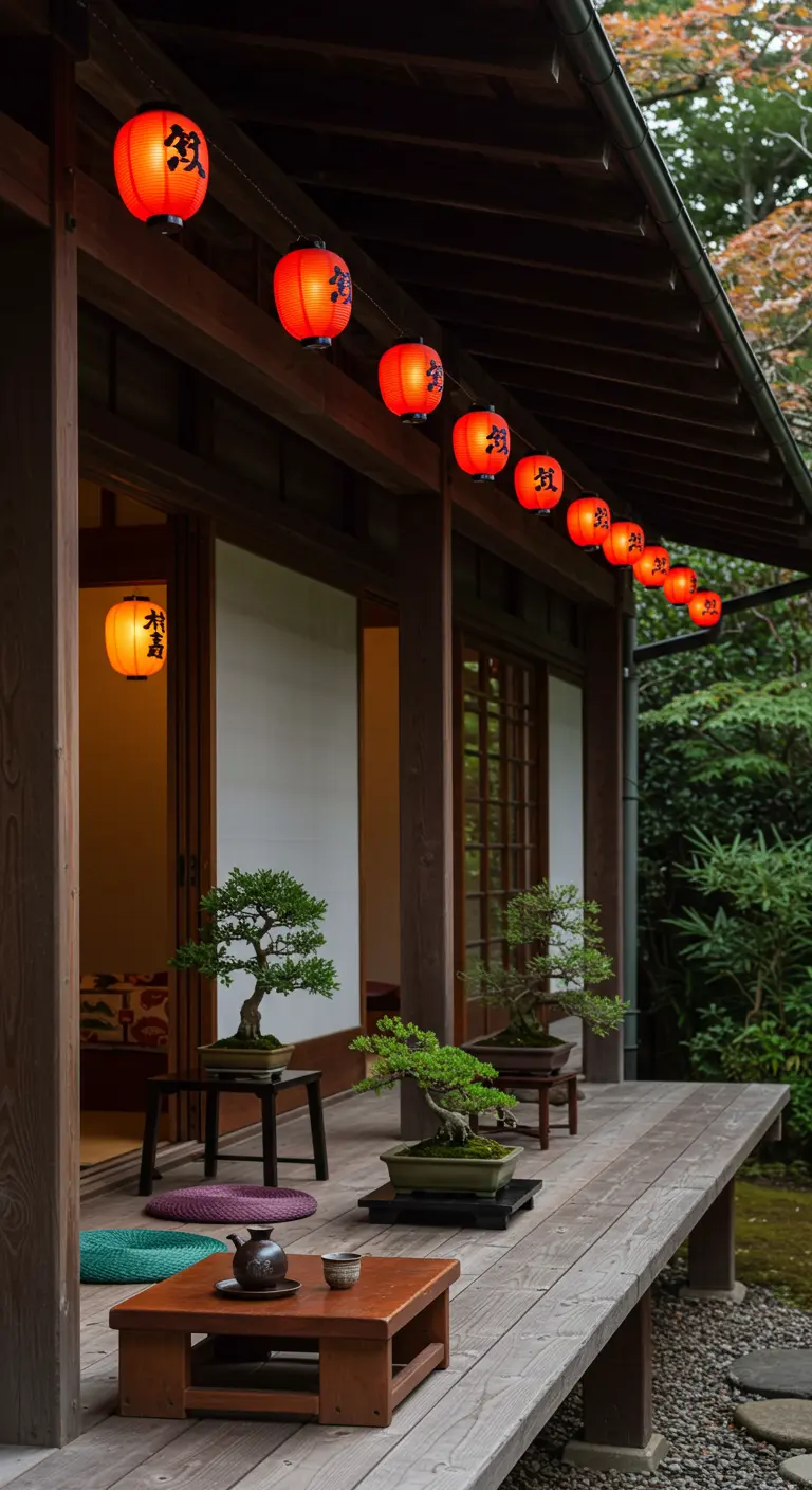 Porche de madera decorado con una hilera de farolillos rojos, varios bonsáis y una mesa de té baja.