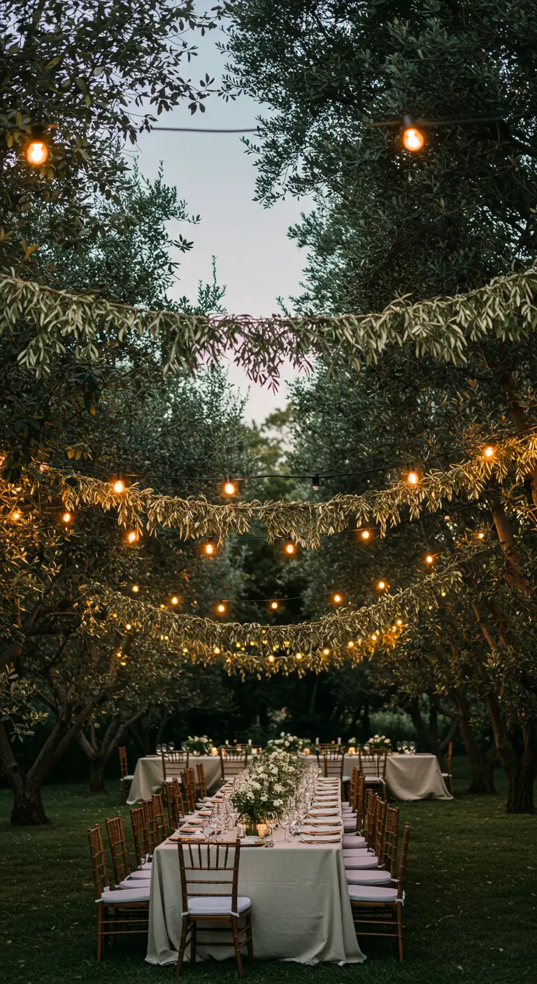 Cena al aire libre entre olivos, con hileras de luces y guirnaldas de hojas colgando sobre la mesa.