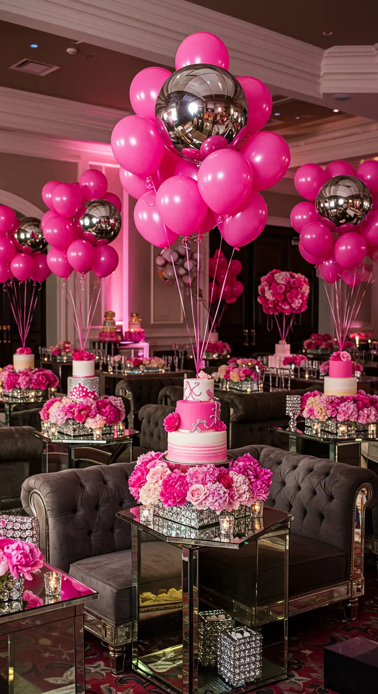 Decoración de fiesta en tonos fucsia con globos de colores y plateados sobre la tarta.