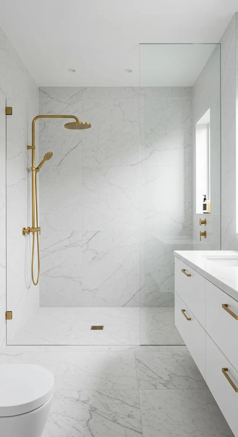 Ducha de mármol blanco con mampara de cristal y grifería dorada de estilo moderno.