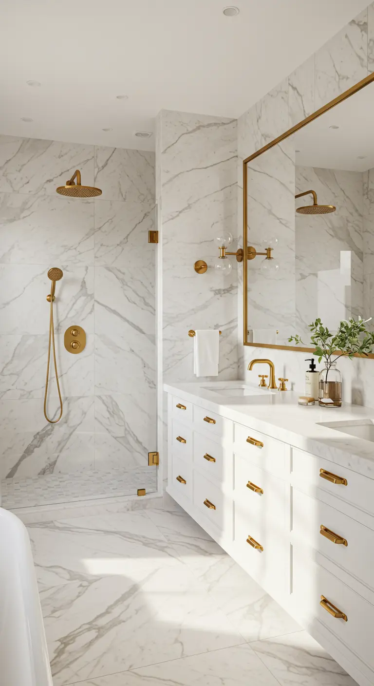 Baño completamente revestido de mármol blanco con grifería, ducha y accesorios dorados.