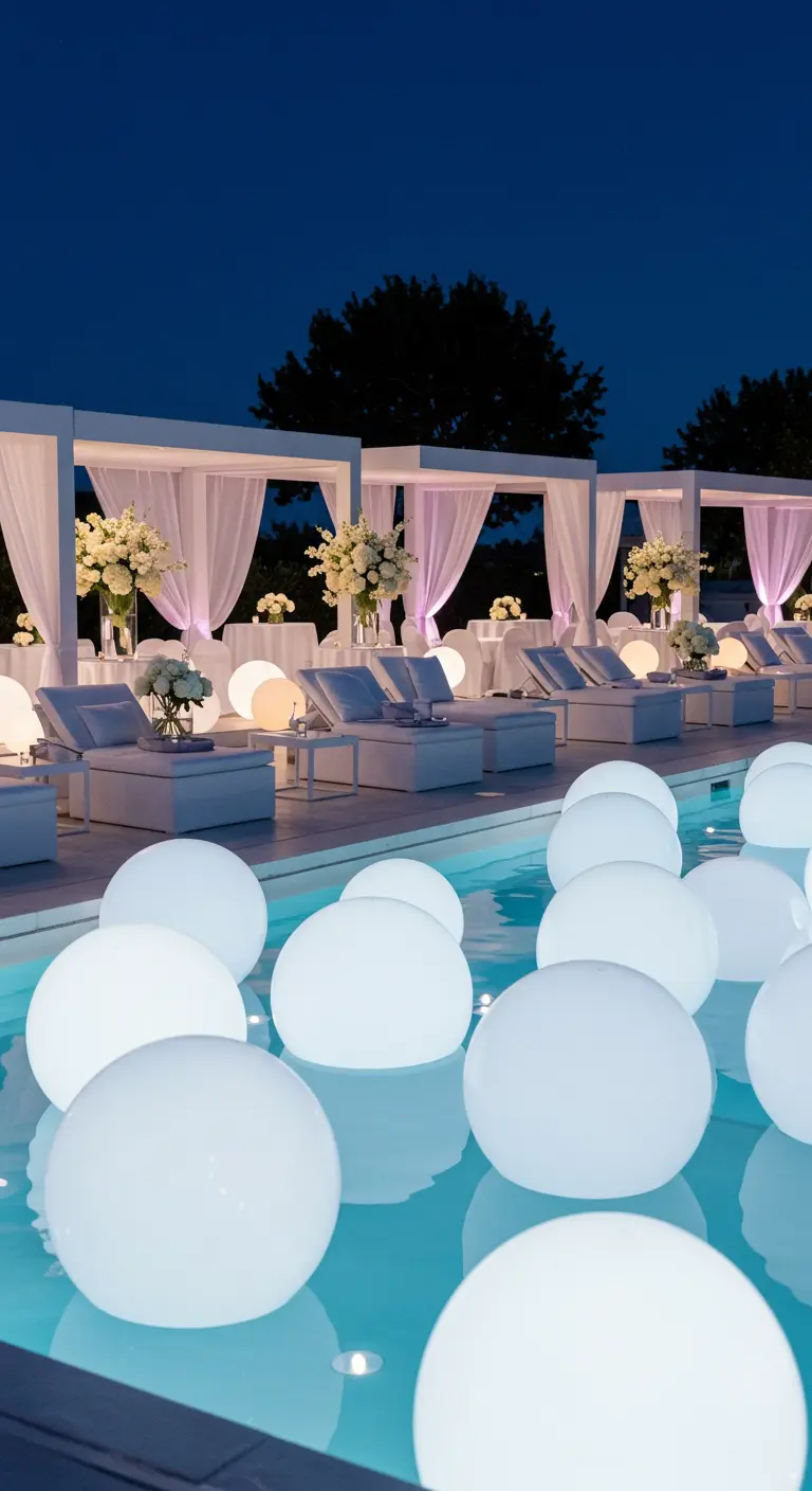 Lujosa piscina de noche con tumbonas blancas y docenas de globos de luz LED blancos.