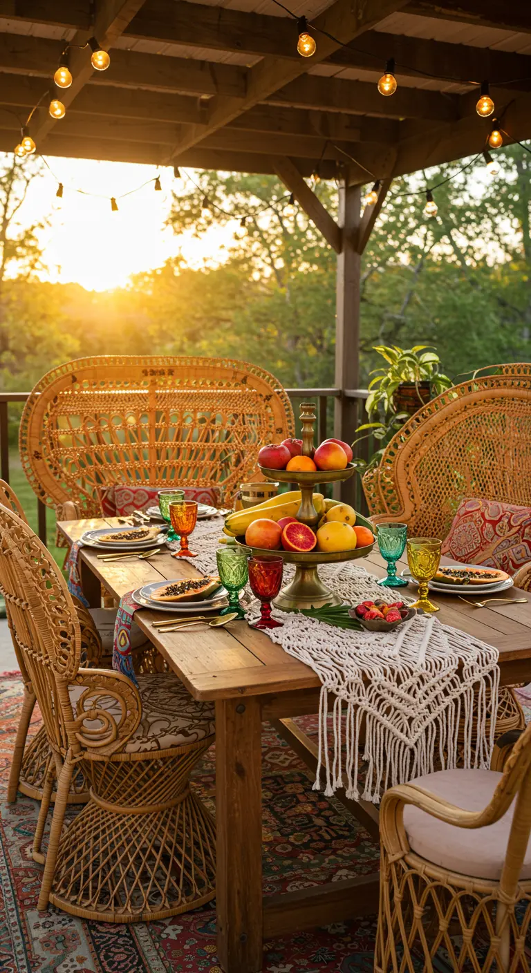 Mesa de comedor bohemia en un porche con un frutero de varios pisos lleno de frutas tropicales.