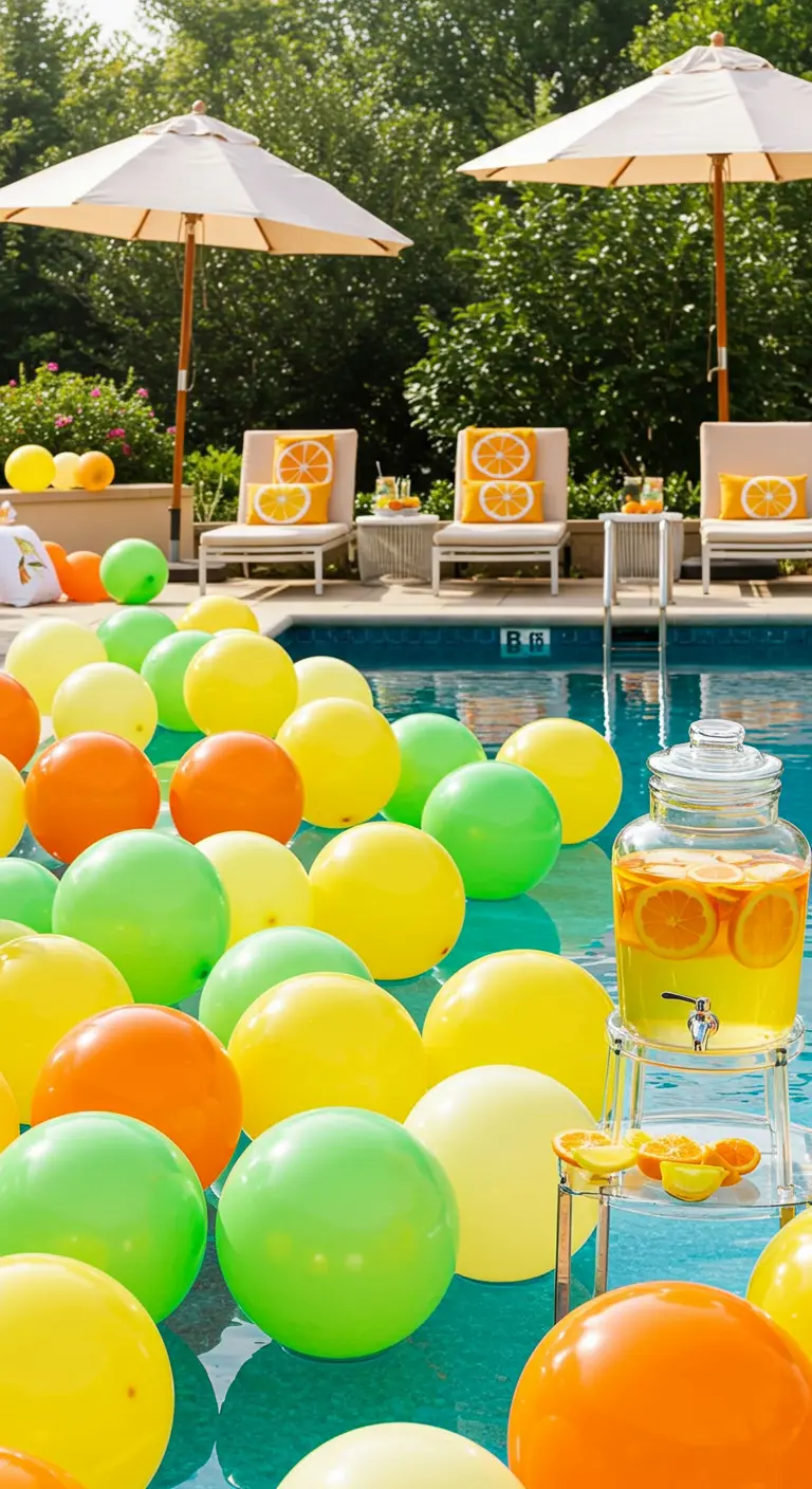 Piscina llena de globos amarillos, verdes y naranjas, con un dispensador de bebida cítrica.