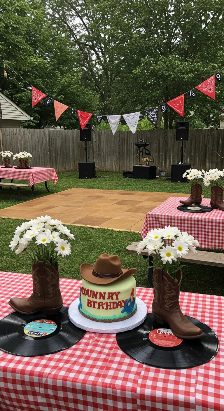 Mesa de fiesta country con botas de vaquero como floreros y discos de vinilo.