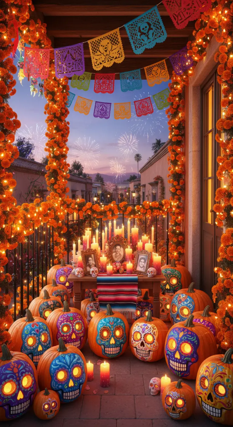 Balcón estilo Día de los Muertos con calabazas pintadas como calaveras y flores naranjas.