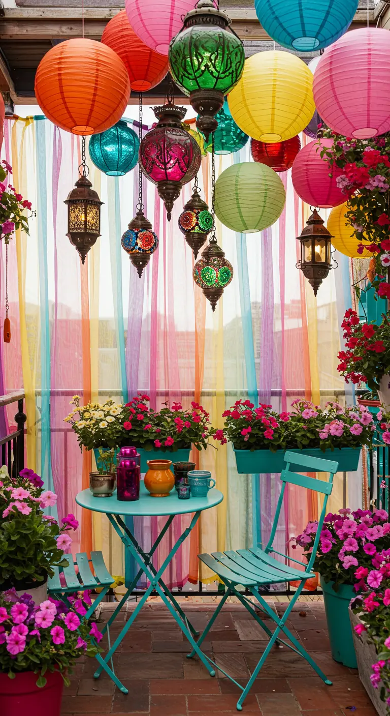 Balcón muy colorido con cortinas de tiras, farolillos de papel, faroles marroquíes y flores.