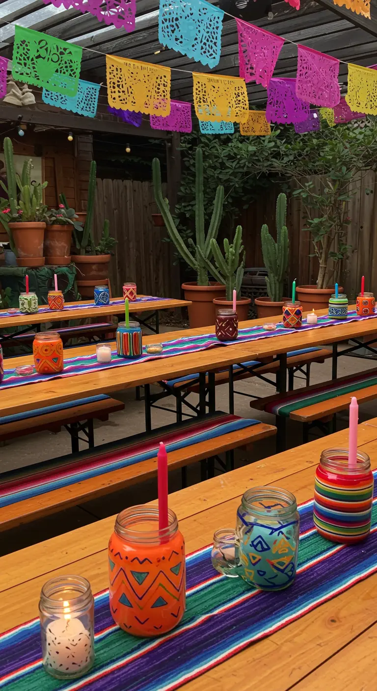 Frascos pintados con motivos mexicanos en mesas de madera largas con papel picado.