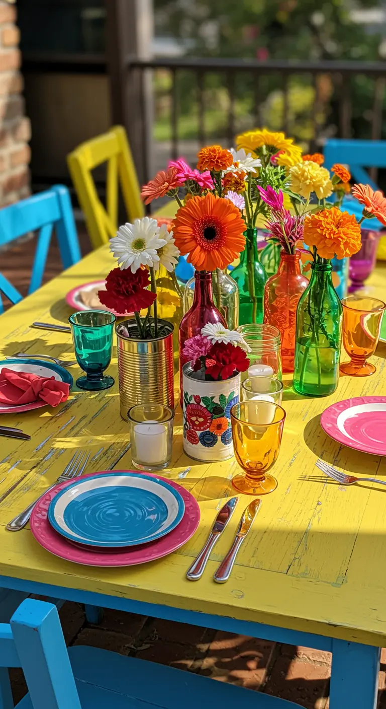 Mesa de comedor amarilla con botellas de colores recicladas como jarrones para flores.