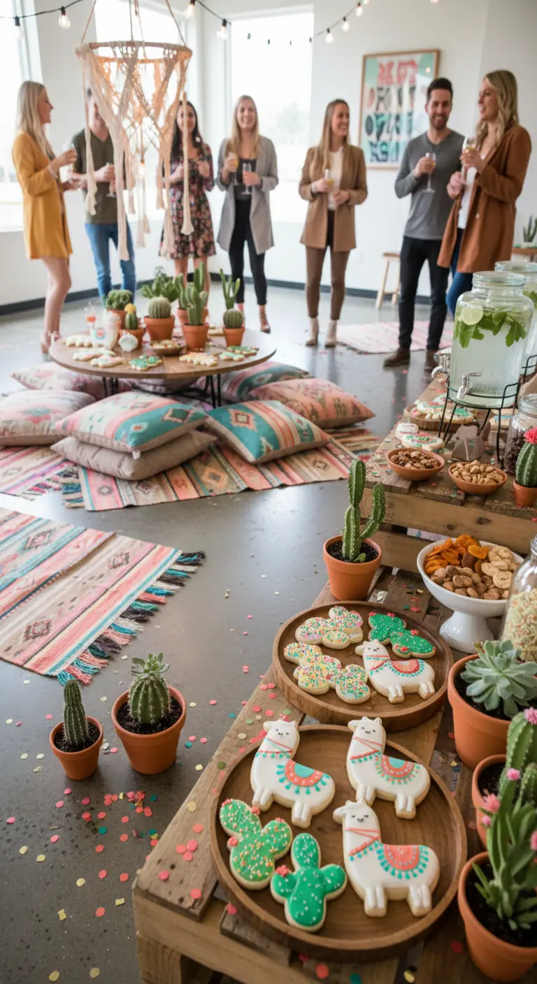 Fiesta boho con cojines en el suelo, cactus y galletas en forma de llama y suculentas.
