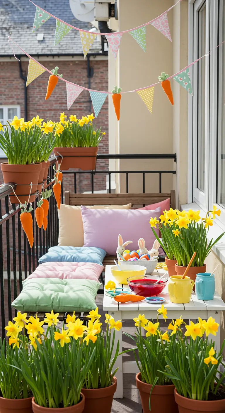 Balcón decorado para Pascua con narcisos, cojines pastel y una guirnalda de zanahorias.
