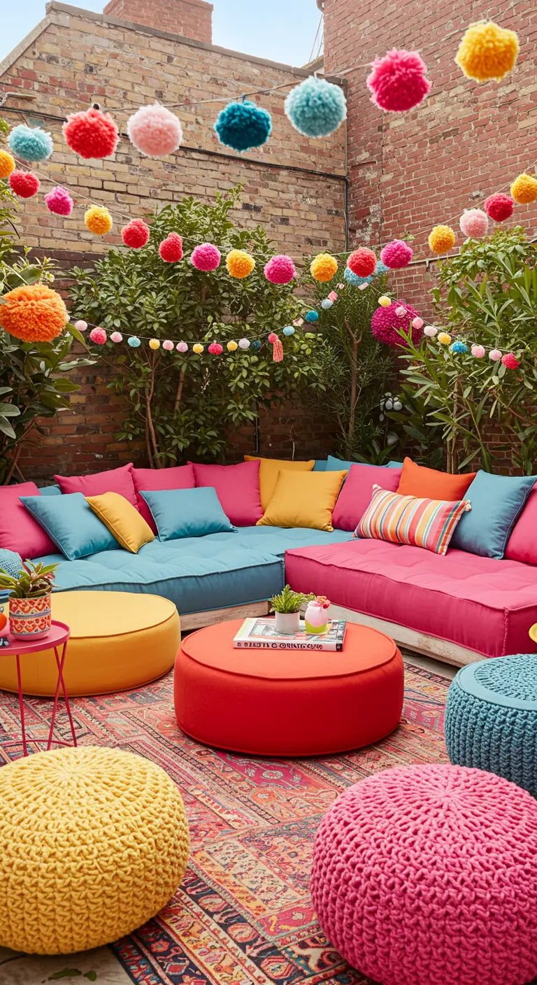 Patio urbano y colorido con asientos bajos fucsia y turquesa, pufs de ganchillo y guirnaldas de pompones