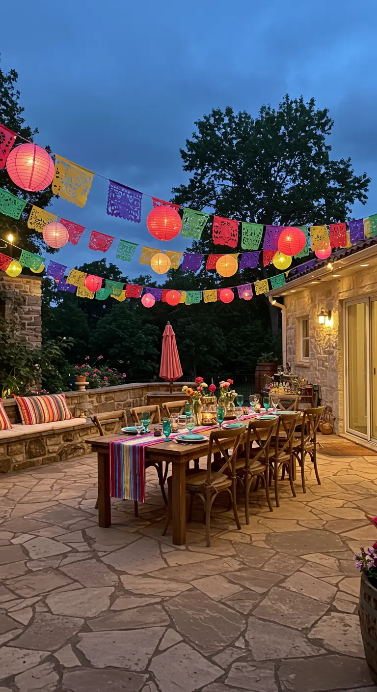 Patio de piedra decorado para una fiesta con papel picado, farolillos y una mesa colorida.