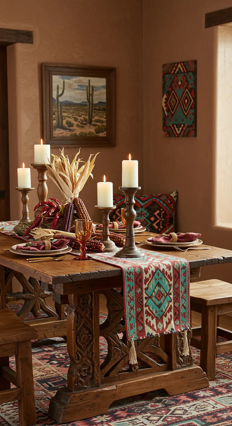 Mesa de estilo suroeste con camino de mesa tribal y centro de maíz indio.