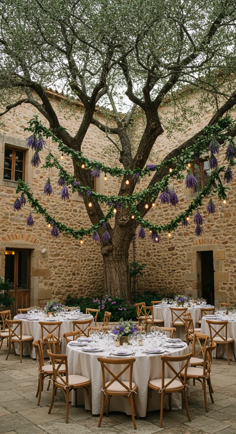 Patio de piedra con mesas de boda dispuestas alrededor de un gran árbol decorado con luces.