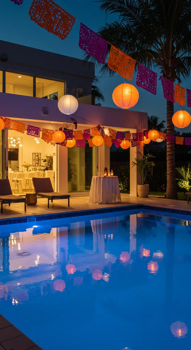 Piscina por la noche decorada con papel picado y farolillos de papel colgantes.