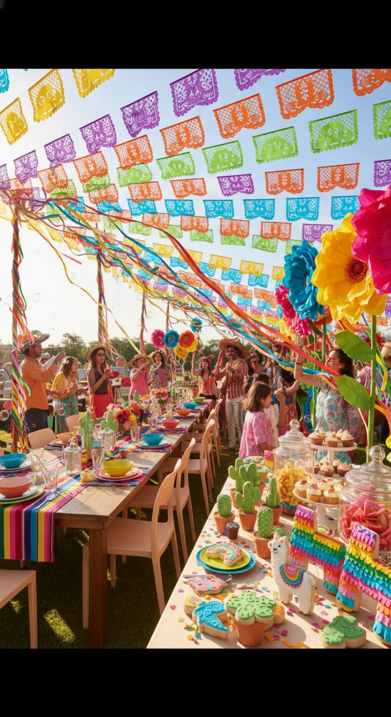 Fiesta mexicana al aire libre con papel picado, serpentinas y galletas de llamas y cactus.