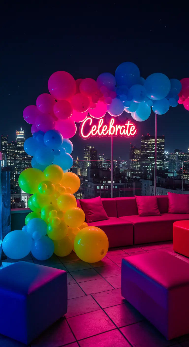 Arco de globos de neón en una azotea con vistas a la ciudad y un letrero de