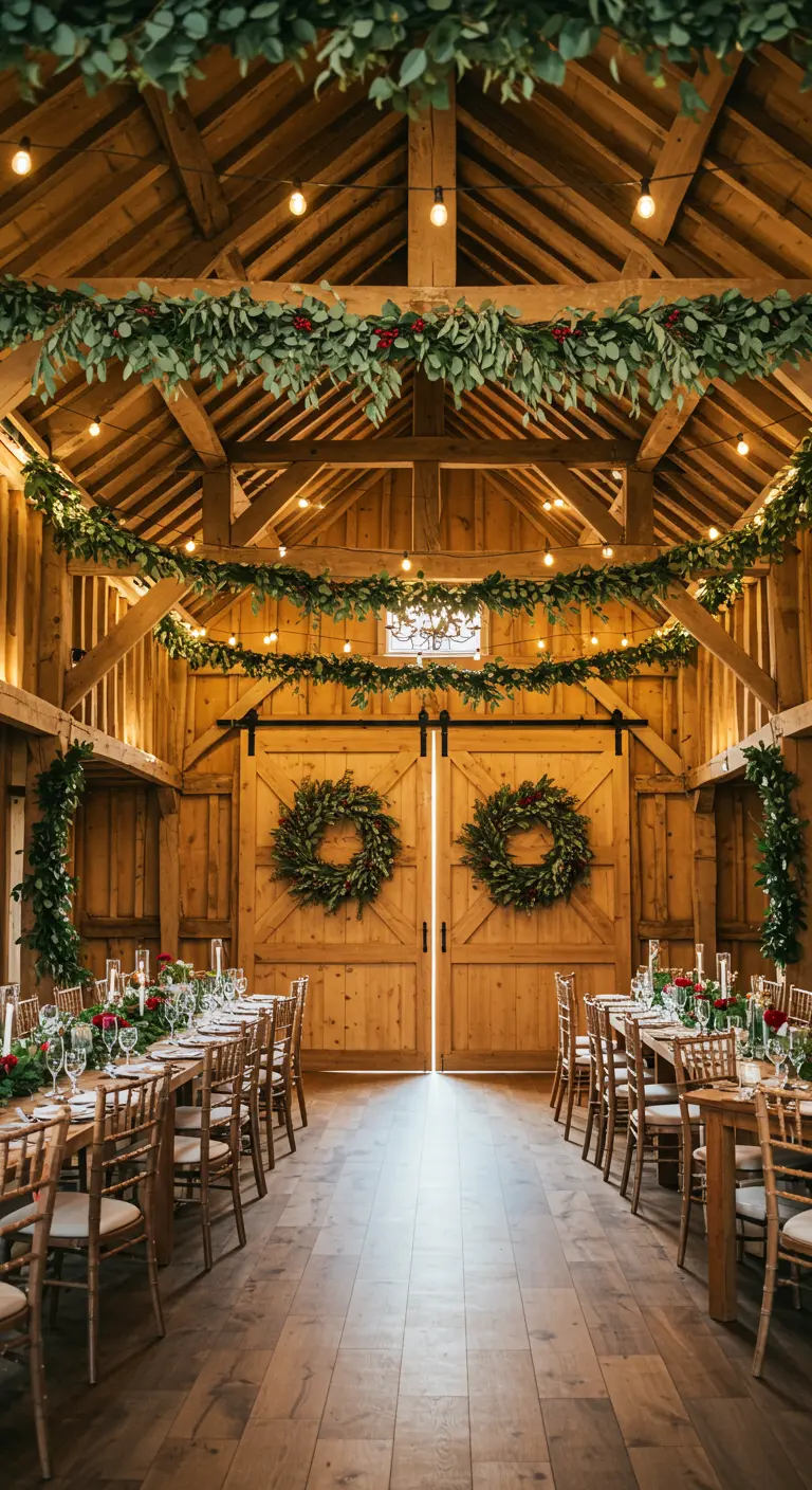 Granero rústico decorado para una recepción con guirnaldas de eucalipto en el techo.