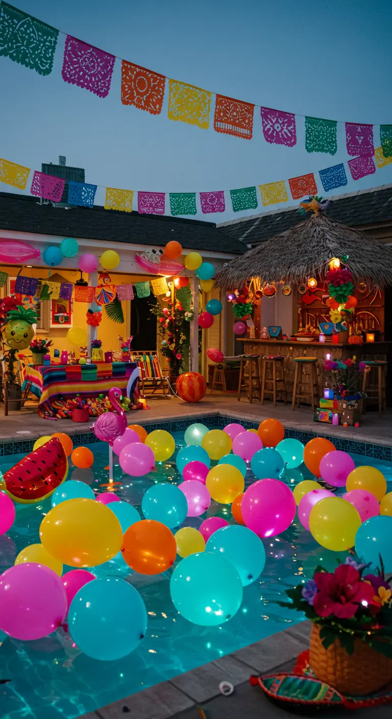 Piscina llena de globos de colores vivos para una fiesta mexicana o tropical.