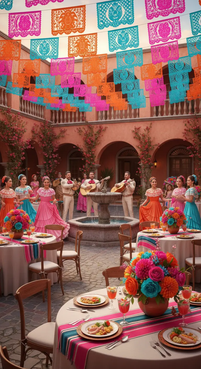 Quinceañera con temática de fiesta mexicana, papel picado y flores de colores.