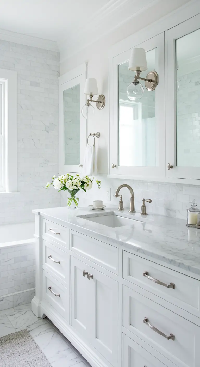 Mueble de baño blanco de mármol con un jarrón de cristal con un ramo de flores blancas.