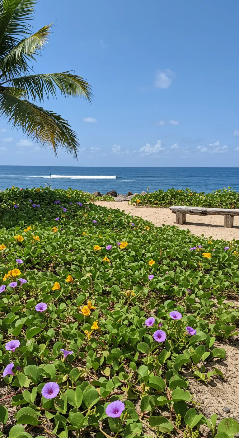 Paisaje costero con una cubierta de flores púrpuras y amarillas en la arena y un banco frente al mar.
