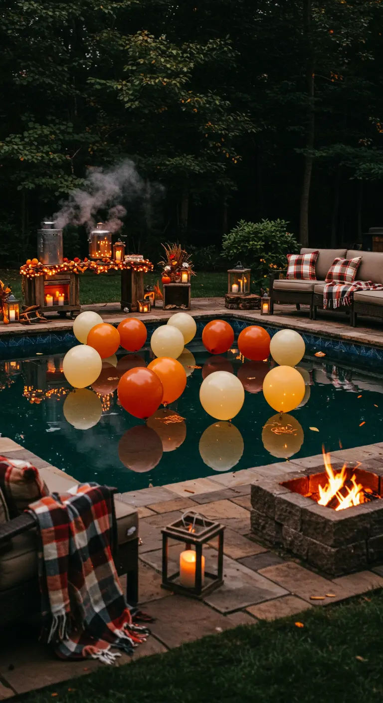 Globos naranjas y crema flotan en una piscina junto a una fogata y mantas de tartán.
