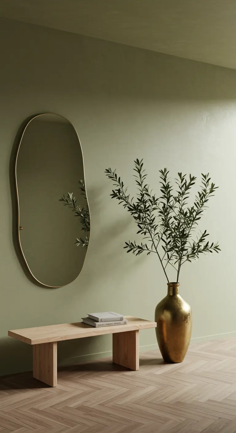 Recibidor de estilo orgánico con espejo irregular y jarrón dorado grande.