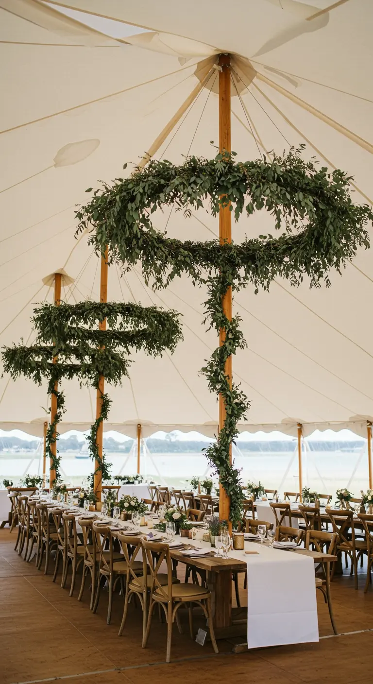 Interior de una carpa de bodas con los postes decorados con guirnaldas de eucalipto.