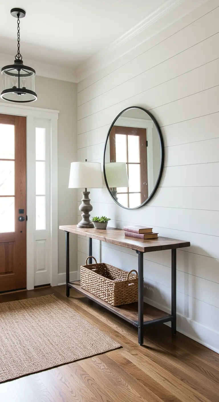 Recibidor estilo 'farmhouse' con paredes de shiplap blanco, consola rústica y espejo redondo