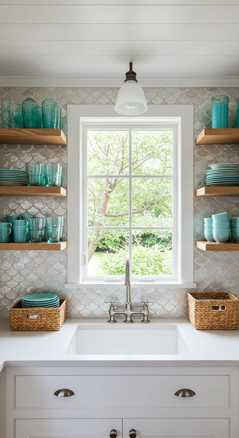 Estanterías de madera a ambos lados de una ventana con vajilla turquesa y azulejos de escamas