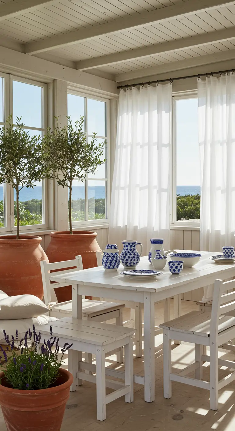 Comedor de estilo mediterráneo con mesa y bancos de madera blanca y vajilla azul y blanca.