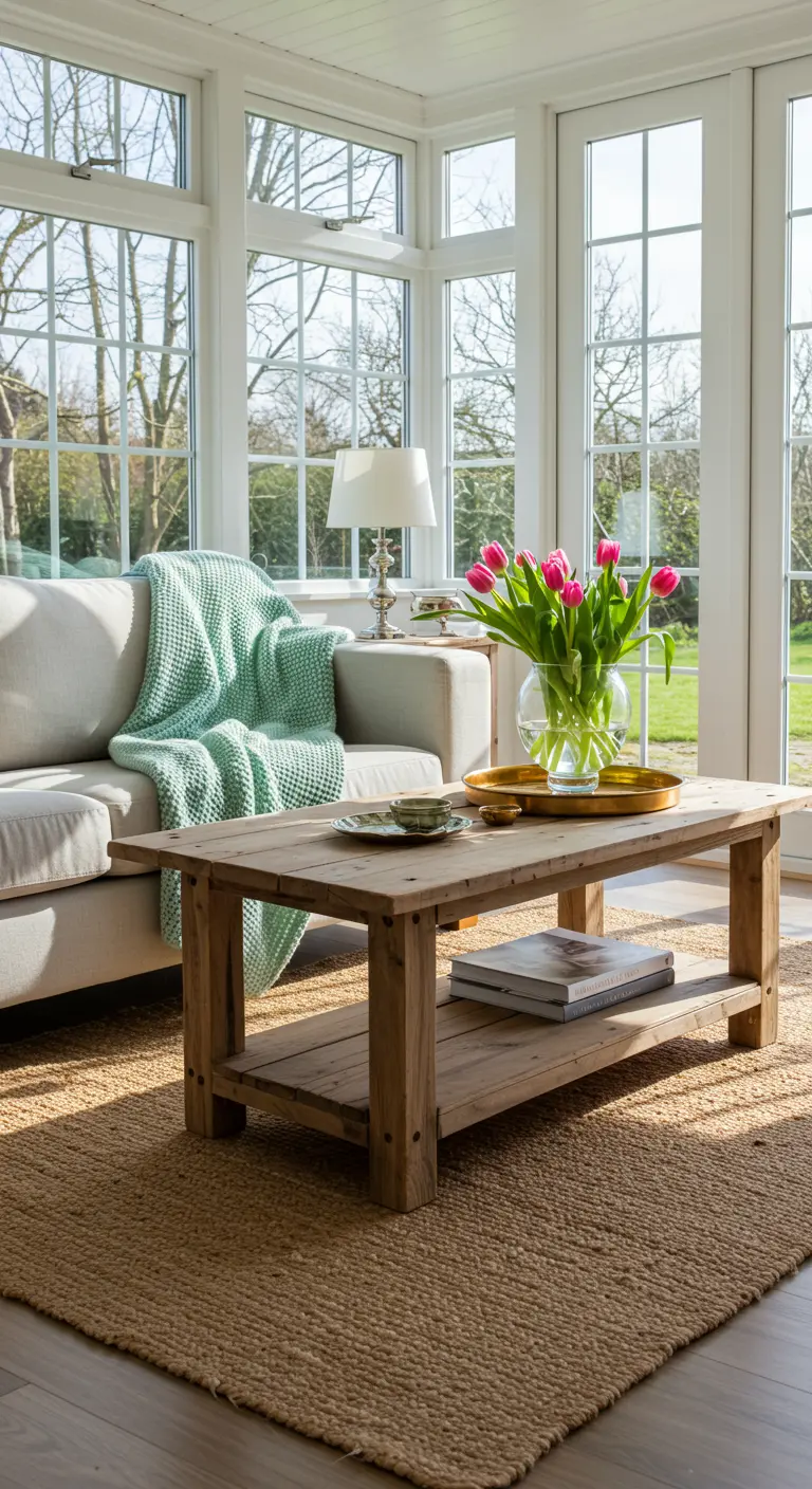 Salón luminoso con sofá beige, manta verde menta y mesa de centro de madera con tulipanes.
