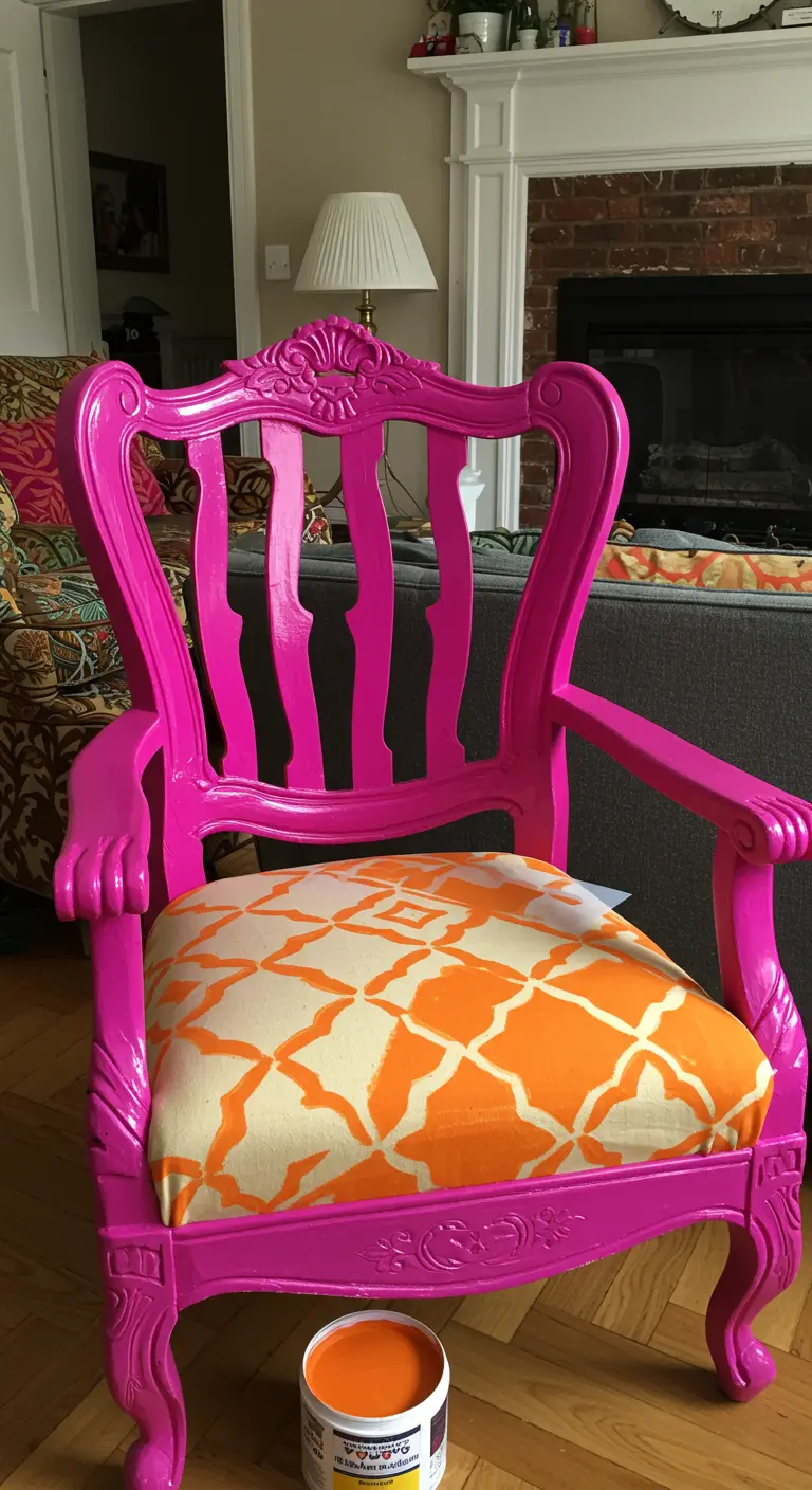 Silla de comedor antigua pintada en fucsia brillante con el asiento retapizado en tela naranja.
