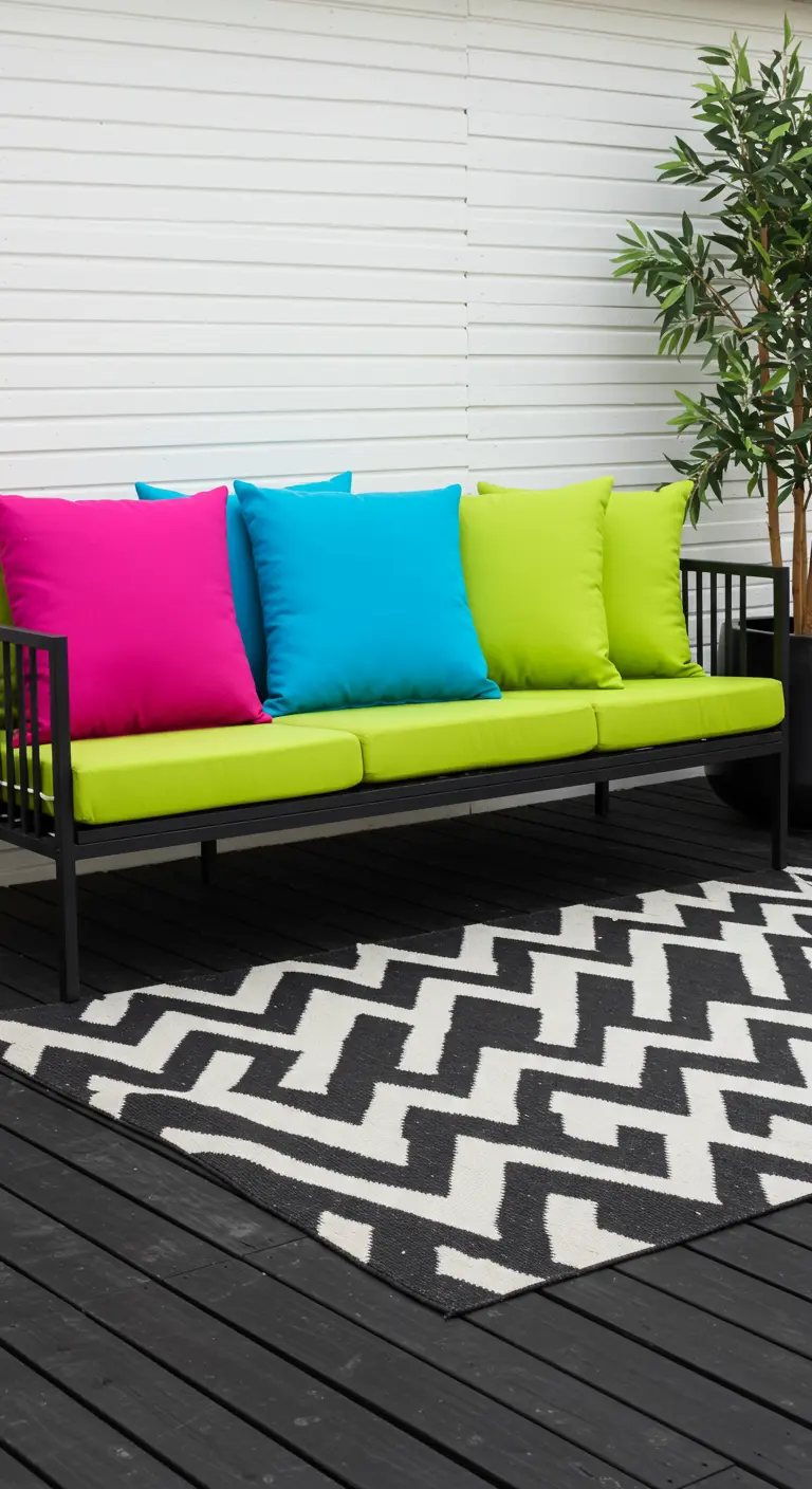 Terraza moderna con sofá negro, cojines de colores neón y una alfombra geométrica en blanco y negro