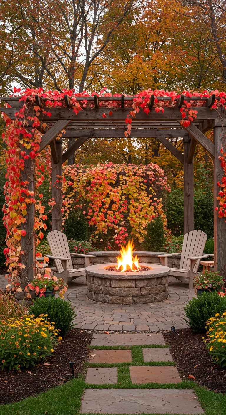 Pérgola de madera con enredaderas de hojas rojas otoñales sobre un fogón de piedra.