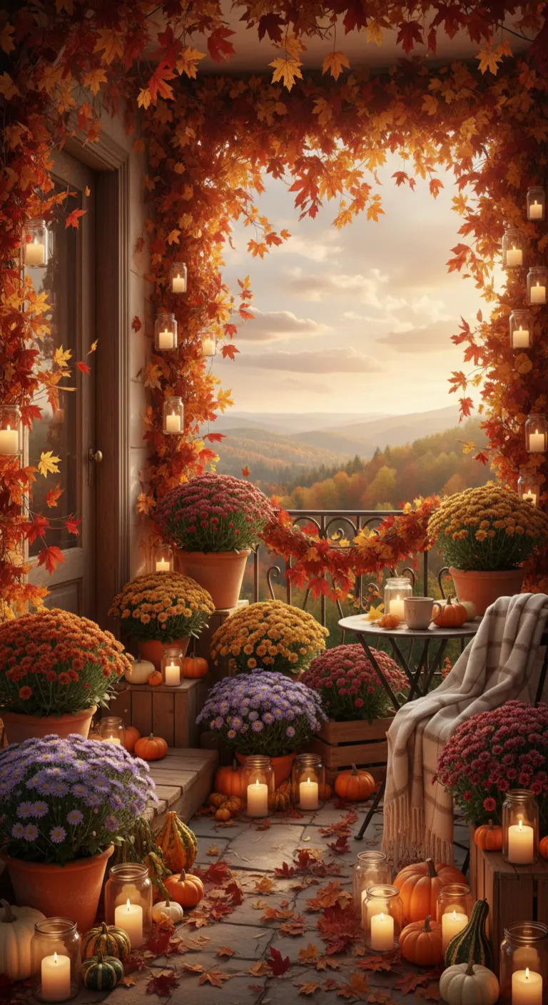 Balcón rebosante de flores de otoño, guirnaldas de hojas y velas en frascos.