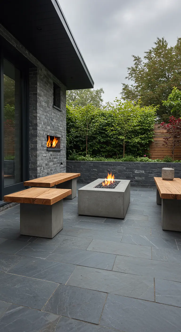 Patio moderno con suelo de pizarra, fogón de hormigón y bancos de madera y hormigón.