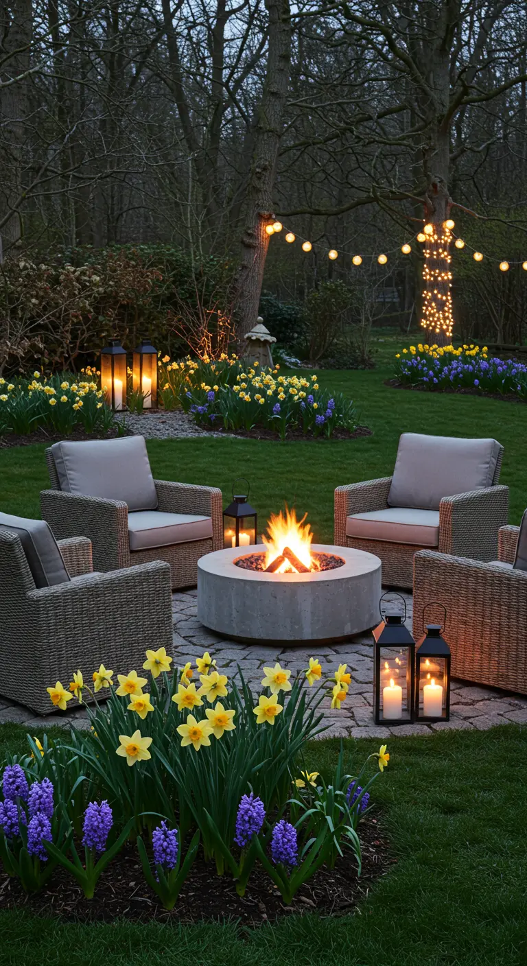 Hoguera de piedra rodeada de sillones, con narcisos amarillos y jacintos azules floreciendo.
