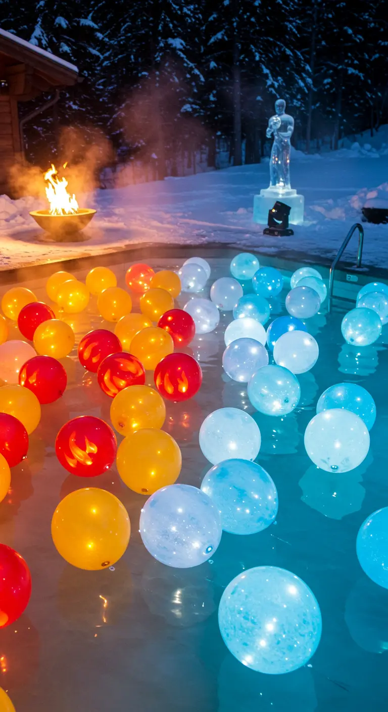 Piscina exterior en la nieve con globos LED rojos y amarillos en un lado y azules en el otro.