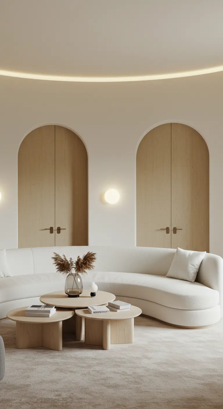 Sala de estar con sofá curvo blanco, mesas de centro redondas de madera y puertas arqueadas.